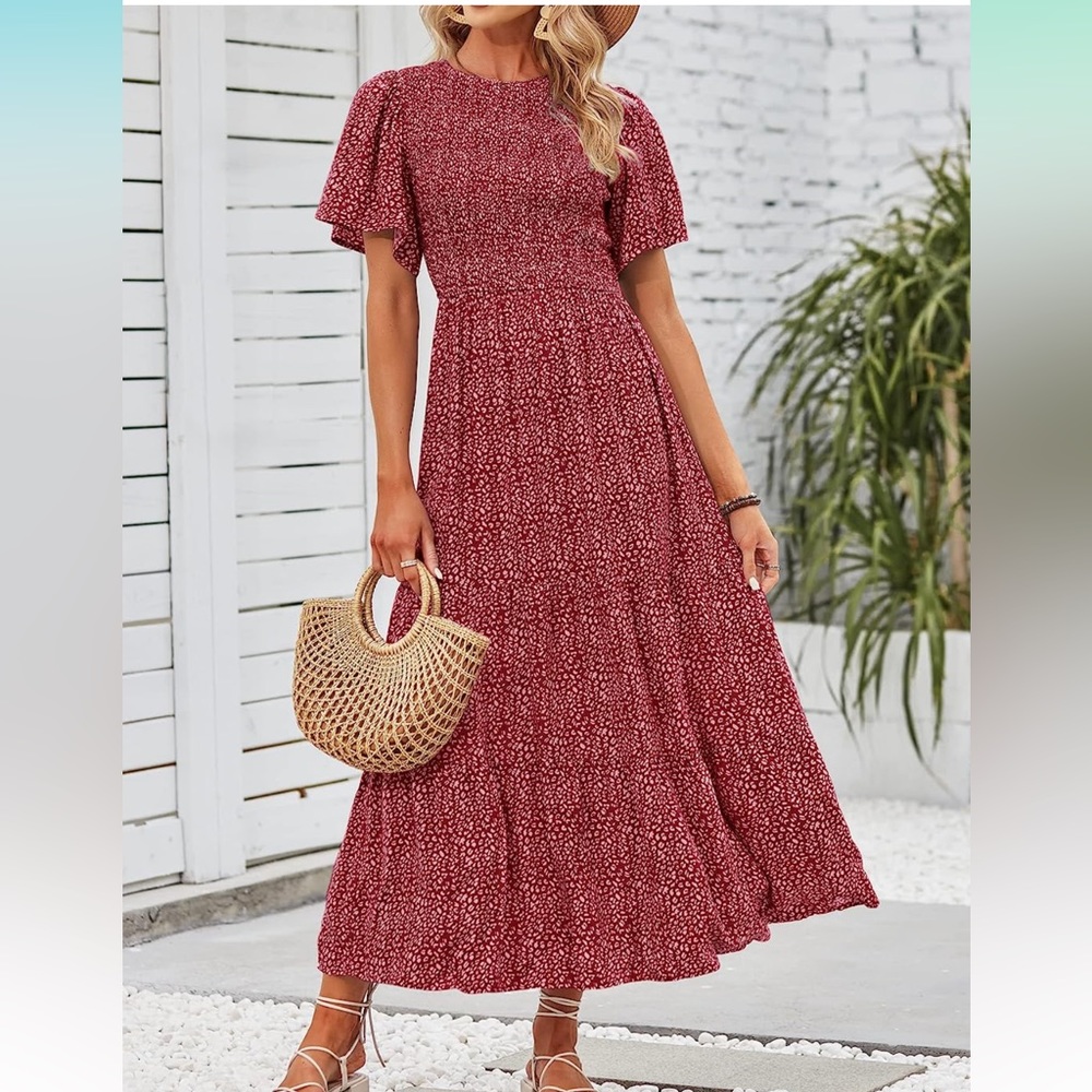 Floral Print Short Flutter Sleeve Crew Neck Smocked High Waist Flowy Maxi Dress
